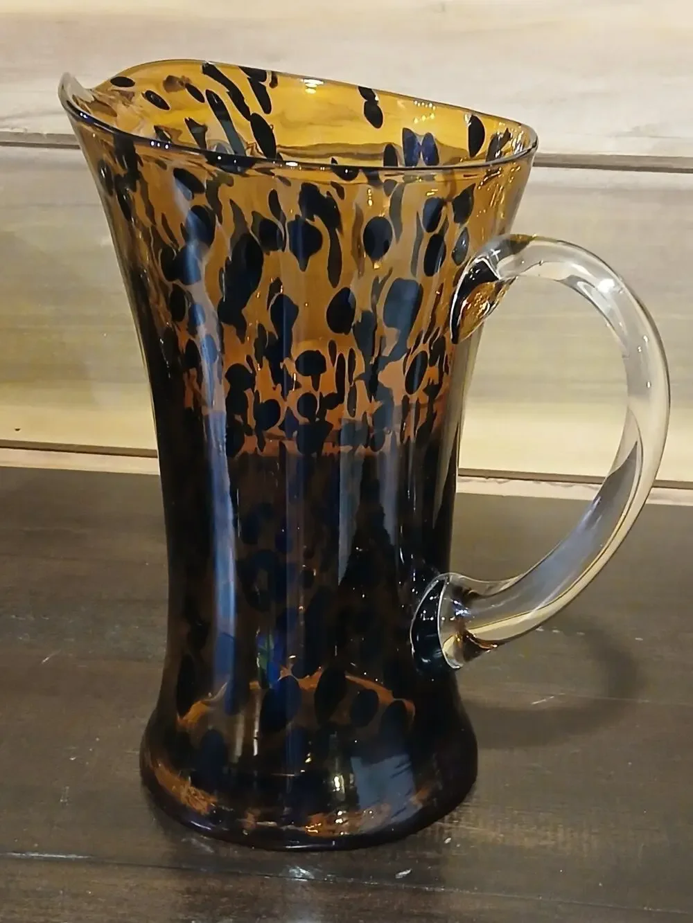 Vintage Blown Glass Leopard Print Pitcher Amber Brown Clear Handle - Small Chips
